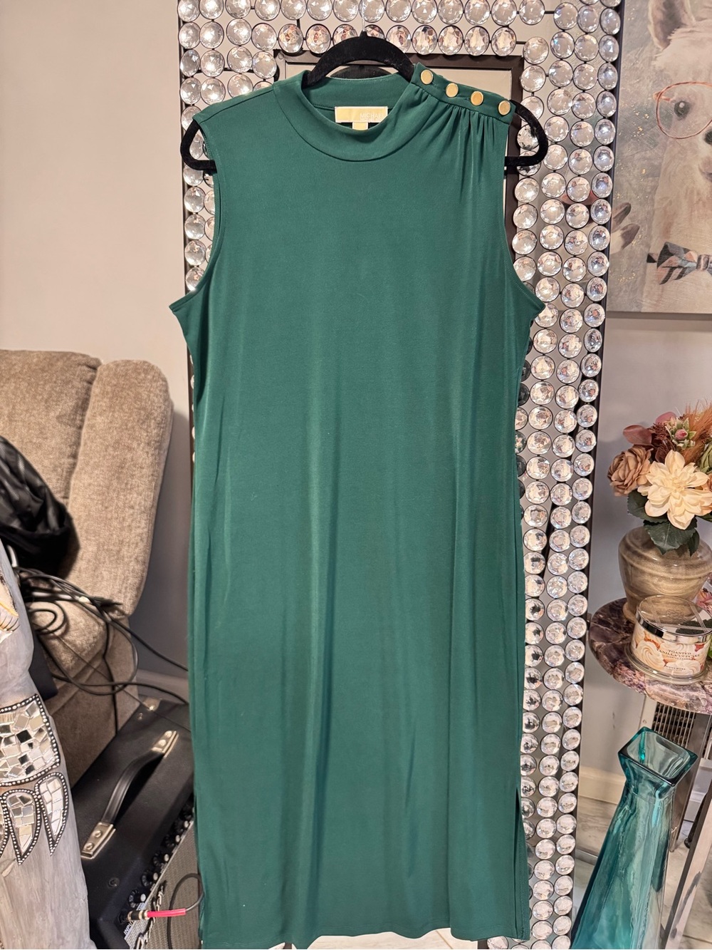 Michael Kors Emerald Green Sleeveless Maxi Dress with Gold Buttons